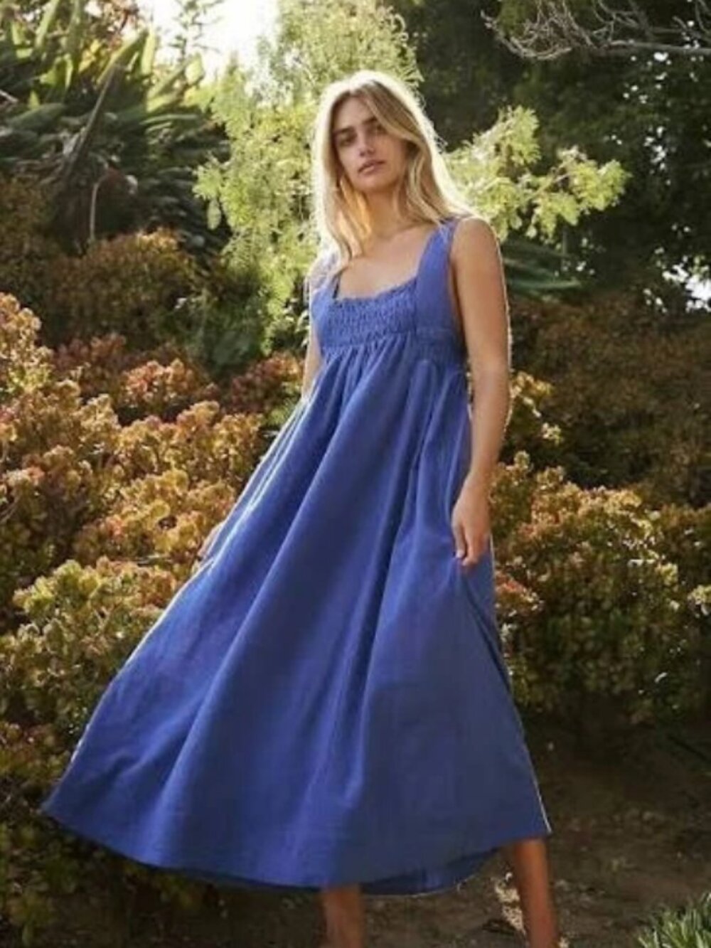 Free People Delphine Midi Dress Sleeveless Pull On Smocked Square Neck S
